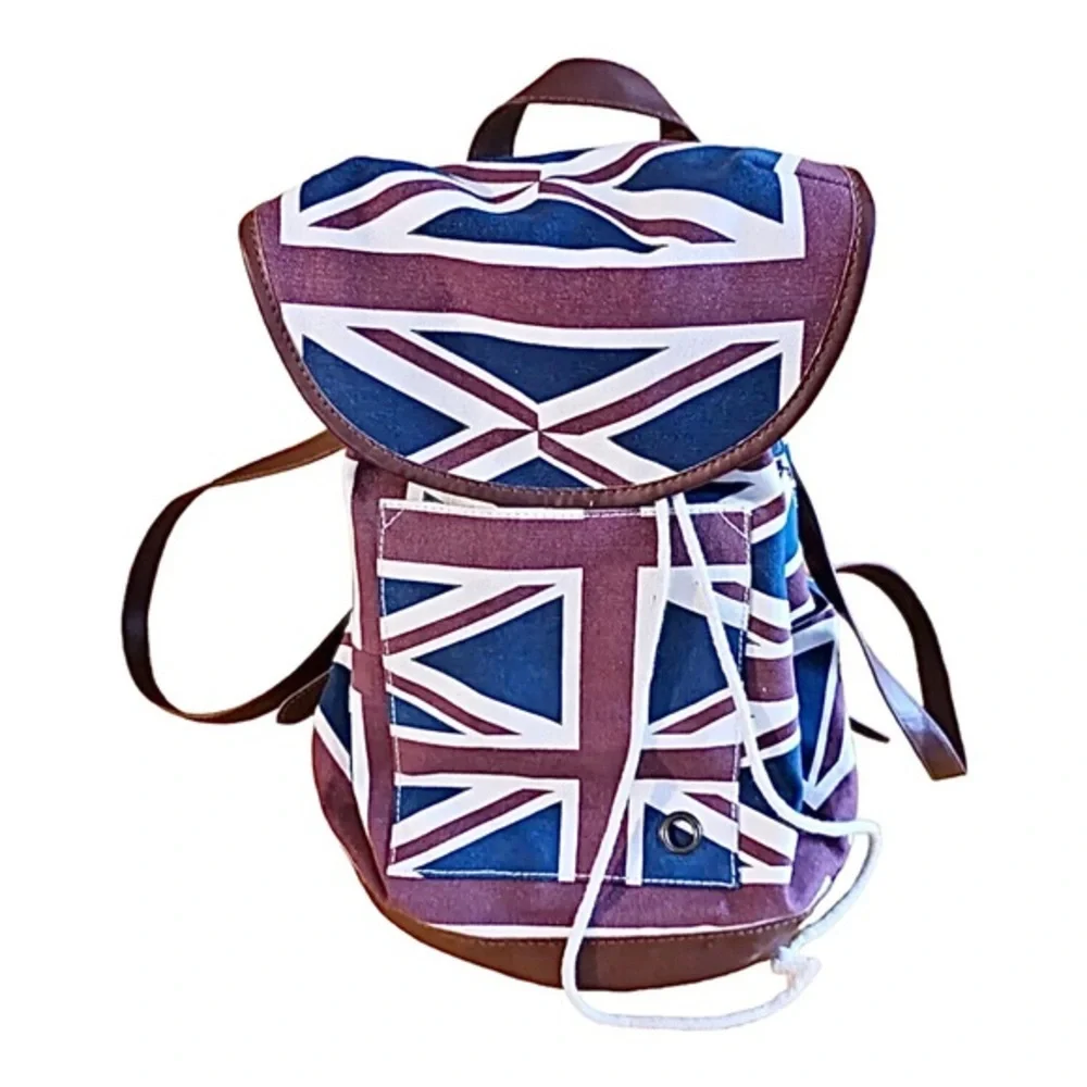 Union Jack British England UK canvas faux‎ leather red white & blue backpack